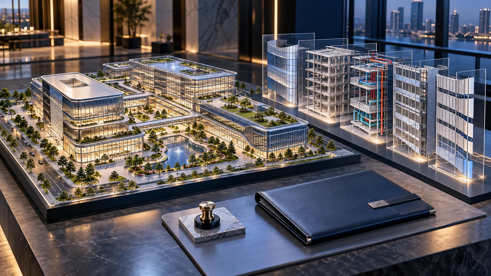 完整建筑沙盘与模型、资料交付核验的原创概念图（AI 生成）
